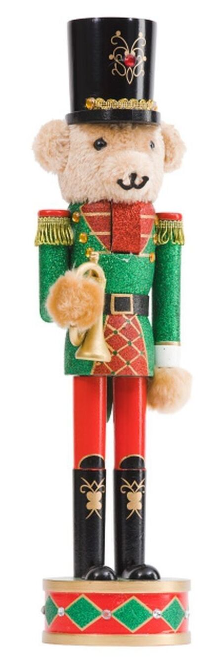 Wooden Christmas Nutcracker, 18", TEDDY BEAR SOLDIER IN UNIFORM WITH HORN, TJM